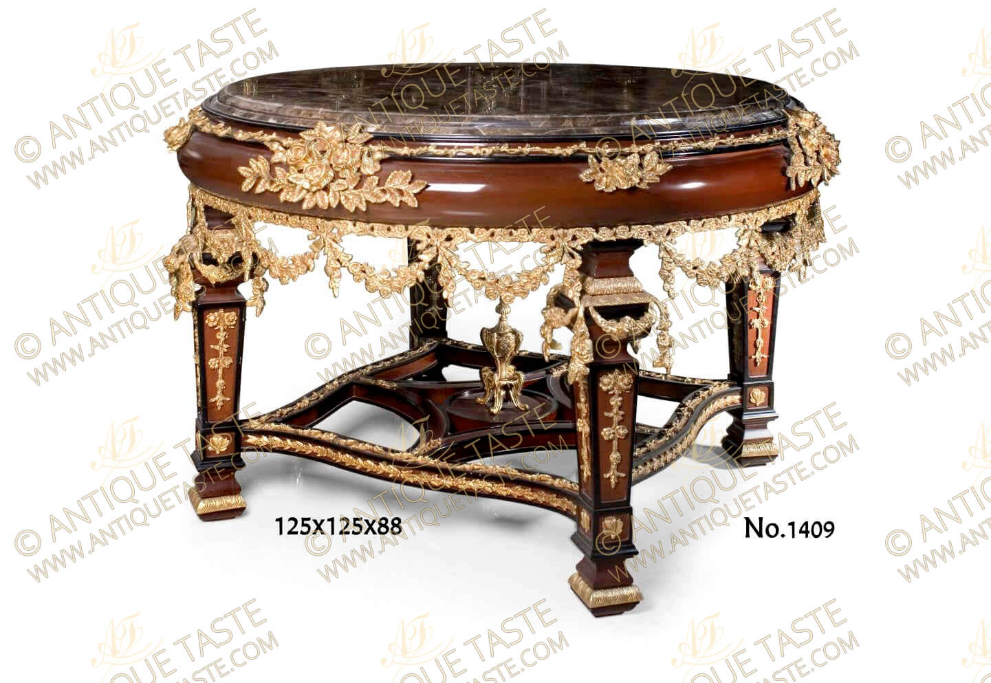 Louis XIV style gilt-ormolu-mounted mahogany finish Baroque center table, heavily ornamented with pierced works, garlands, swags, strap-works and leaf motifs, The inset beveled marble top with a convex apron ornamented with foliate ormolu filet to the top contour and gilt leafy ormolu works of blossoming flower bouquets and branches. The lower part of the apron is surrounded with an ormolu guilloche frieze of blossoming flowers with garlanded pendants, The table is raised on robust square ormolu mounted tapered legs and connected with pierced sectional curvy X stretcher garnished with ormolu leaf shaped frieze and centered with an ormolu urn of prosperity